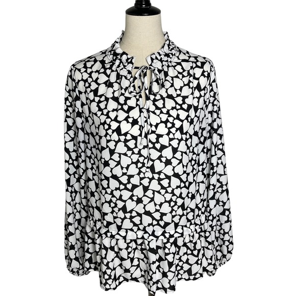 Pleione Tops - Pleione Black White Heart Print Peplum Blouse Ruffle Tie Neck Size M